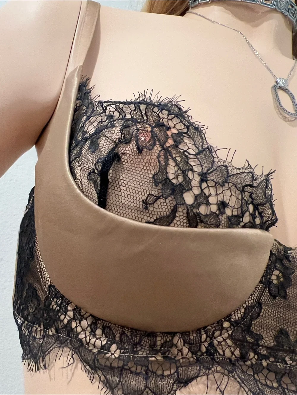 Lace Trim Satin Balconette Bra - Brown 34B